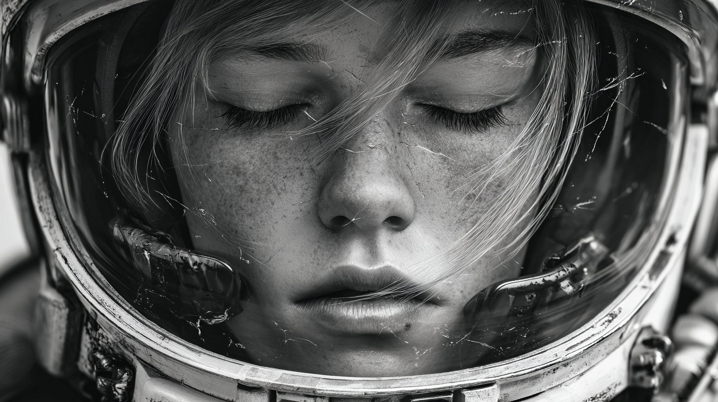 Close-up portrait of an astronaut, eyes closed, at rest