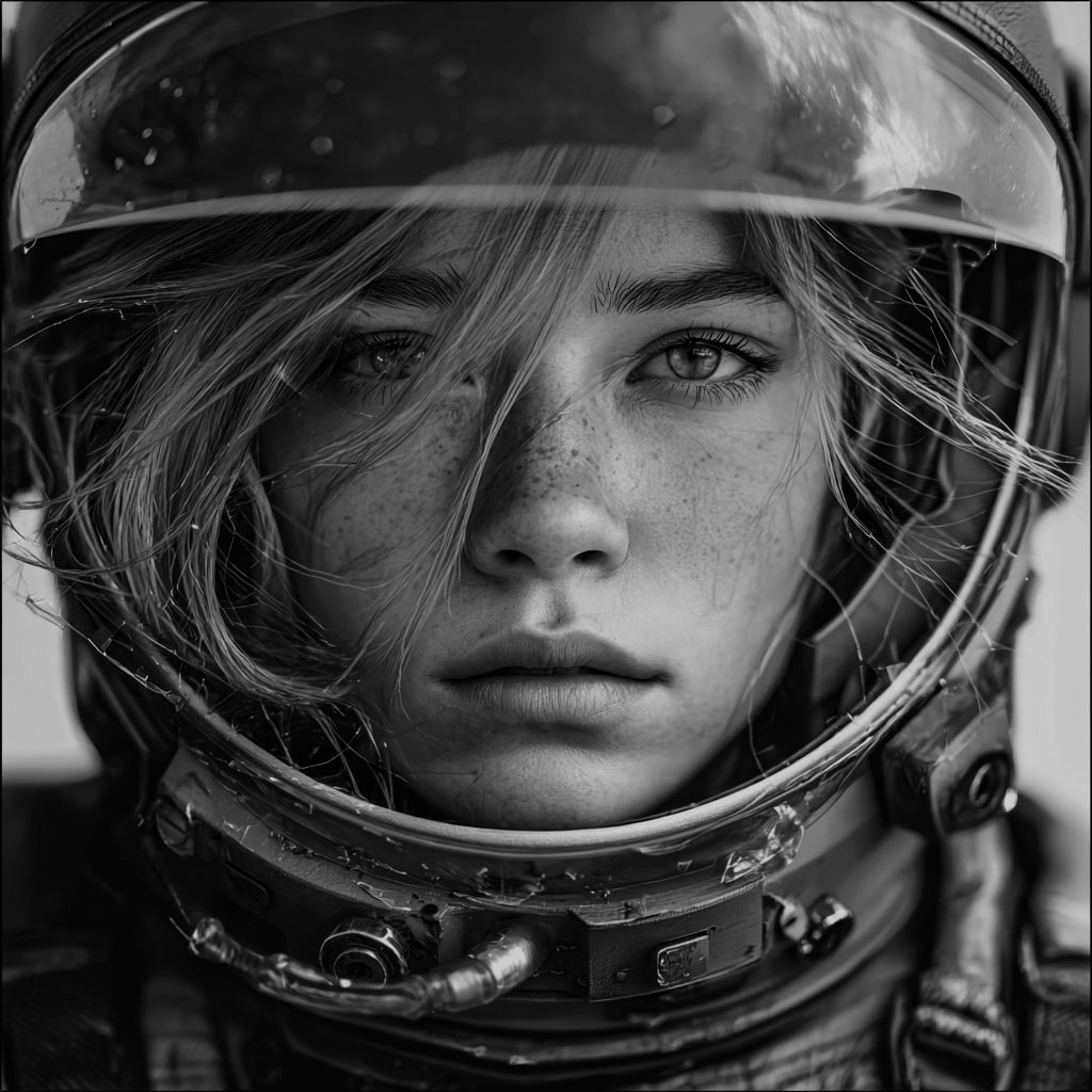 Astronaut portrait from the book — direct gaze through the visor