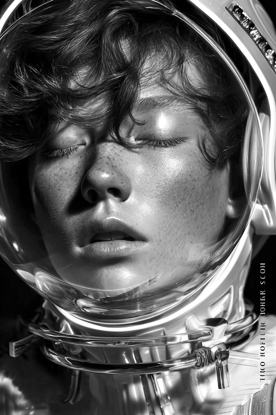 Astronaut helmet, eyes closed